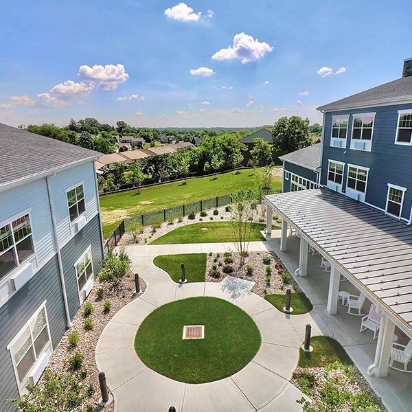 Aerial view of the walking paths between apartment buildings at Traditions at North Bend